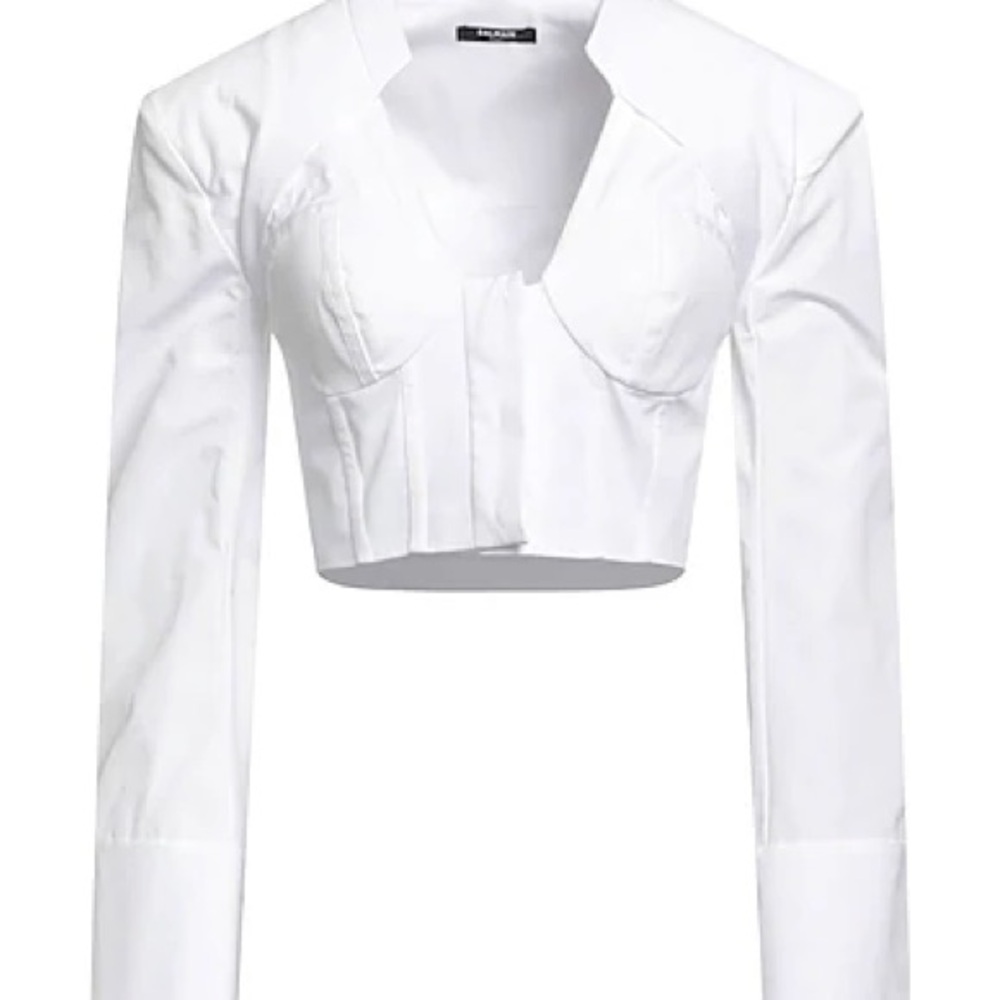 Balmain White Long Sleeve Crop Top